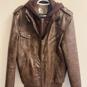 Men's Brown Faux Leather Hooded Jacket with Zipper Pockets - Unbranded